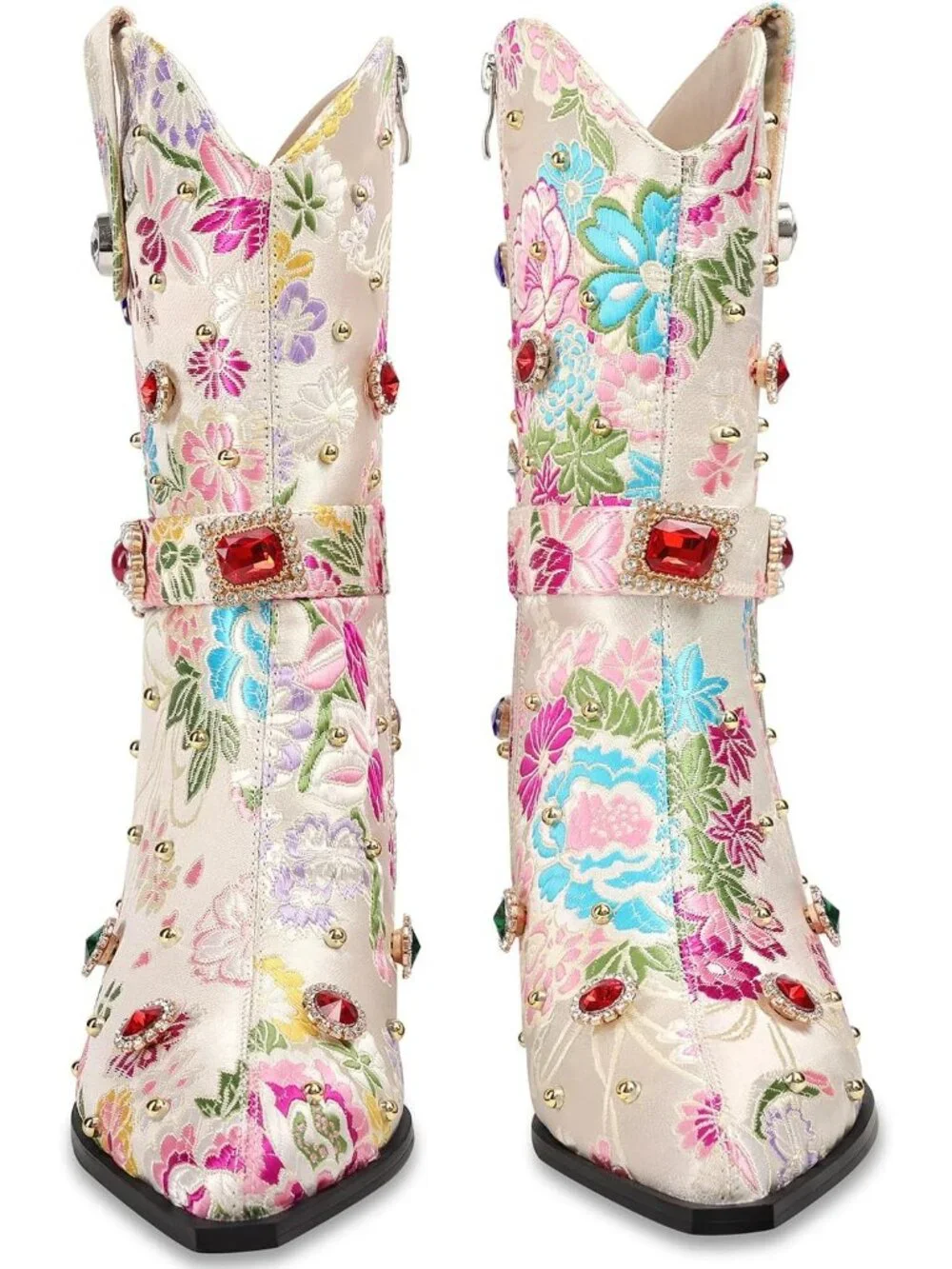 Women's White Western Floral Embroidery Rhinestone Sparkly Cowgirl Mid Calf Boot